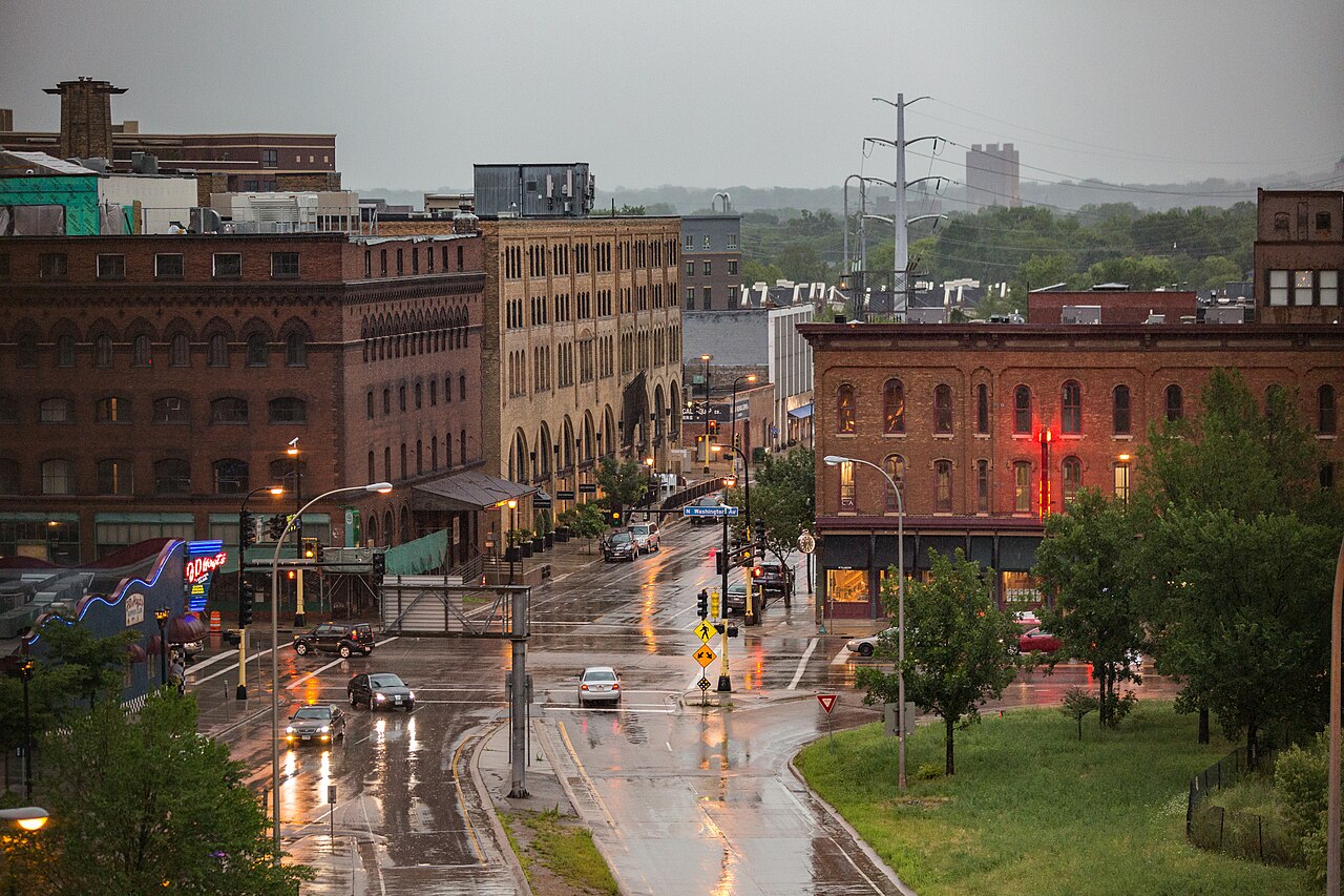 Urban commercial buildings and street-level retail in Minneapolis